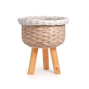 Cesta Com Pé De MaDeira Cinnza/Branco - 1 Und